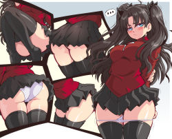 Rule 34 | ..., 1girl, alternate breast size, ass, black hair, black skirt, black thighhighs, blue eyes, blush, breasts, commentary, english commentary, fate/stay night, fate (series), highres, large breasts, lewdamone, long hair, long sleeves, miniskirt, multiple views, panties, panty pull, pleated skirt, red shirt, shirt, skirt, speech bubble, spoken ellipsis, thighhighs, thighs, tohsaka rin, turtleneck, two side up, underwear, wavy hair, white panties, wide hips, zettai ryouiki