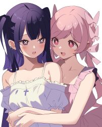 Rule 34 | :3, absurdres, dress, earrings, highres, hug, hutaba haru, jewelry, open mouth, pink eyes, pink hair, simple background, tagme, tuyu (band), under heroine (tuyu), under kids, white background, yuri