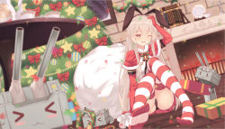 Rule 34 | 10s, 1girl, animal ears, arm up, black panties, bow, box, brown eyes, cameltoe, capelet, christmas tree, dutch angle, elbow gloves, fake animal ears, feet, gift, gift bag, gift box, gloves, hand on own head, highres, holding, holding box, indoors, kantai collection, long hair, miniskirt, natsu97, no shoes, one eye closed, open mouth, panties, pleated skirt, rabbit ears, red bow, red gloves, red skirt, rensouhou-chan, santa costume, shimakaze (kancolle), silver hair, sitting, skirt, solo, star (symbol), striped clothes, striped thighhighs, thighhighs, toes, underwear, very long hair