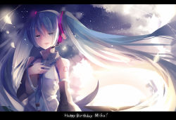 Rule 34 | 1girl, character name, detached sleeves, floating hair, hand on own chest, happy birthday, hatsune miku, headset, letterboxed, long hair, nanna (irasutokanakili), necktie, sky, solo, star (sky), starry sky, twintails, very long hair, vocaloid