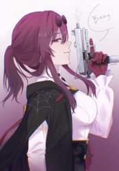 Rule 34 | black coat, breasts, coat, commentary request, eyewear on head, from side, gloves, gradient background, gun, highres, holding, holding gun, holding weapon, honkai: star rail, honkai (series), kafka (honkai: star rail), long hair, long sleeves, looking at viewer, medium breasts, min (mint54), open clothes, open coat, ponytail, profile, purple background, purple eyes, purple gloves, purple hair, shirt, sidelocks, speech bubble, submachine gun, sunglasses, upper body, weapon, white shirt