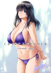 Rule 34 | 1girl, arms behind back, artist name, bikini, black hair, blue bikini, blue eyes, breasts, cleavage, closed mouth, collarbone, commentary request, crossed bangs, dated, hair belt, hand on own arm, heart, large breasts, lioreo, long hair, looking at viewer, navel, original, side-tie bikini bottom, signature, smile, solo, standing, swimsuit