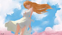 Rule 34 | 1girl, artist request, bare legs, bare shoulders, blue eyes, brown hair, cloud, cloudy sky, dress, feet out of frame, floating hair, highres, interface headset, long hair, neon genesis evangelion, simple background, sky, smile, solo, souryuu asuka langley, white background, white dress, wind