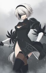 Rule 34 | 1girl, absurdres, black blindfold, black dress, black footwear, black gloves, black hairband, blindfold, boots, closed mouth, dress, gloves, grey background, grey hair, grey thighhighs, hairband, highres, holding, holding weapon, medium hair, mole, mole under mouth, nier:automata, nier (series), shirl geem, short dress, side slit, solo, standing, thigh boots, thighhighs, thighhighs under boots, weapon, 2b (nier:automata)