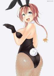 Rule 34 | 10s, 1girl, animal ears, ass, bad id, bad pixiv id, blush, braid, breasts, detached collar, fake animal ears, fishnet pantyhose, fishnets, gloves, hairband, kankitsunabe (citrus), kantai collection, large breasts, leotard, pantyhose, playboy bunny, rabbit ears, rabbit tail, smile, solo, tail, teruzuki (kancolle), thighs, white background