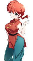 Rule 34 | 1girl, blue eyes, braid, breasts, chinese clothes, closed mouth, highres, looking at viewer, nakahira guy, ranma-chan, ranma 1/2, red hair, saotome ranma, short hair, simple background, smile, solo, white background