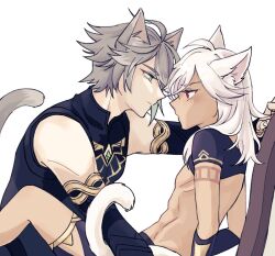 Rule 34 | 2boys, ahoge, alhaitham (genshin impact), animal ear fluff, animal ears, black gloves, black shirt, black shorts, blush, cat boy, cat ears, cat tail, chest jewel, closed mouth, commentary request, crop top, cyno (genshin impact), dark-skinned male, dark skin, elbow gloves, expressionless, eye contact, gem, genshin impact, gloves, gold trim, green eyes, green gemstone, grey hair, highres, imminent kiss, korean commentary, long hair, looking at another, male focus, multiple boys, parted bangs, profile, red eyes, resso (resso oo), shirt, short hair, short sleeves, shorts, sidelocks, simple background, sitting, sleeveless, sleeveless shirt, swept bangs, tail, white background, white hair, yaoi