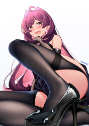 Rule 34 | 1girl, :d, absurdres, ahoge, aki (1360505188), black thighhighs, blush, earrings, elbow gloves, garter straps, glint, gloves, hair intakes, high heels, highres, jewelry, knee up, long hair, looking at viewer, open mouth, original, patent heels, pink eyes, pink hair, pumps, shoes, simple background, smile, solo, thighhighs, very long hair, white background