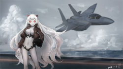 Rule 34 | 10s, 1girl, 2014, abyssal ship, aircraft, airfield princess, airplane, bomber jacket, breasts, cloud, cloudy sky, colored skin, contrapposto, cropped jacket, dated, day, f-15, f-15 eagle, unworn headwear, helmet, unworn helmet, horns, jacket, kantai collection, kirigaku luo, large breasts, long hair, midriff, military, military vehicle, navel, overcast, pale skin, red eyes, sky, solo, standing, vehicle, vehicle focus, very long hair, white hair, white skin