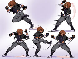 1girl absurdres arrow_(symbol) austonish1 bajiquan_(martial_arts) black_footwear black_gloves black_leotard boots breasts buko_shakezula cargo_pants clenched_hand clenched_hands combat_boots commentary commission cropped_jacket cross cross_necklace dark-skinned_female dark_skin english_commentary fingerless_gloves full_body gloves grey_pants hair_over_one_eye highres jewelry kicking kung_fu leotard leotard_under_clothes medium_breasts necklace original pants running second-party_source shana_lastname_(austonish1) short_hair solo