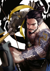 Rule 34 | 1boy, arrow (projectile), asymmetrical clothes, bandolier, bare shoulders, beard, bow (weapon), brown eyes, brown hair, closed mouth, collarbone, dragon print, dragon tattoo, drawing bow, facial hair, furrowed brow, goatee, hair tie, hanzo (overwatch), highres, holding, holding bow (weapon), holding weapon, japanese clothes, kimono, looking at viewer, male focus, mustache, overwatch, overwatch 1, ponytail, quiver, short hair, smile, solo, tattoo, upper body, weapon