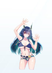 Rule 34 | 1girl, absurdres, against glass, aqua hair, arknights, arm up, armpits, bare arms, bare shoulders, bikini, bikini under clothes, blue bikini, blue hair, breast press, breasts, ch&#039;en (arknights), ch&#039;en the holungday (arknights), ch&#039;en the holungday (elite ii) (arknights), cleavage, collarbone, commentary request, contrapposto, cropped legs, dragon horns, gluteal fold, gradient hair, grey shorts, highres, horns, large breasts, leone (kamina0205), looking at viewer, multicolored hair, navel, no tail, open clothes, open fly, open shorts, parted lips, purple eyes, short shorts, shorts, solo, stomach, swimsuit, twitter username, underboob