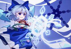 Rule 34 | 1girl, artist name, blue dress, blue eyes, blue hair, blue ribbon, cirno, dress, fairy, flower, gradient background, grin, hair between eyes, hair ribbon, plant, ribbon, short hair, smile, snowflakes, solo, sunflower, tojorin, touhou, touhou lost branch of legend, vines, wind, wings