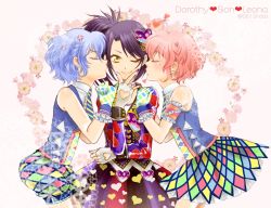 Rule 34 | 1boy, 2girls, anger vein, bare shoulders, blue hair, blush, bow, brother and sister, dorothy west, fingerless gloves, gloves, hair bow, hand on own chin, heart, imminent kiss, reona west, looking at viewer, mole, mole under eye, multiple girls, one eye closed, open mouth, pink hair, pretty series, pripara, purple hair, short hair, siblings, sketch, sleeveless, toudou shion, trap, yellow eyes