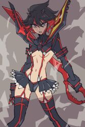 Rule 34 | 1girl, black hair, boots, breasts, cowboy shot, grey eyes, highres, holding, holding weapon, kill la kill, long sleeves, looking at viewer, matoi ryuuko, medium breasts, microskirt, multicolored hair, navel, pleated skirt, potomithu, red hair, revealing clothes, scissor blade (kill la kill), senketsu, short hair, skirt, solo, standing, stomach, streaked hair, suspenders, thigh boots, thighs, tsurime, two-tone hair, underboob, v-shaped eyebrows, weapon