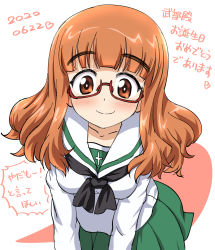 Rule 34 | 1girl, black neckerchief, blouse, blunt bangs, blush, catchphrase, character name, closed mouth, commentary request, dated, girls und panzer, glasses, green skirt, happy birthday, heart, highres, inoue kouji, leaning forward, long hair, long sleeves, looking at viewer, miniskirt, neckerchief, ooarai school uniform, orange eyes, orange hair, partial commentary, pleated skirt, red-framed eyewear, sailor collar, school uniform, semi-rimless eyewear, serafuku, shirt, skirt, smile, solo, takebe saori, translated, under-rim eyewear, white sailor collar, white shirt