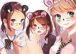 Rule 34 | 3girls, animal ears, black necktie, blonde hair, blush, brown eyes, brown hair, buttons, closed mouth, collared shirt, commentary request, dress shirt, facial mark, fingernails, green eyes, hami yura, looking at viewer, mouse ears, multiple girls, nail polish, necktie, open mouth, original, pink nails, purple eyes, school uniform, shirt, short twintails, smile, striped necktie, striped neckwear, twintails, twintails day, upper body, whisker markings, wing collar