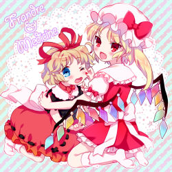 Rule 34 | 2girls, amo (shibu3), blonde hair, blue eyes, character name, cheek pull, dress, fang, flandre scarlet, hair ribbon, hat, hat ribbon, heart, heart-shaped pupils, looking at viewer, looking back, medicine melancholy, mob cap, multiple girls, one eye closed, puffy short sleeves, puffy sleeves, red dress, red eyes, ribbon, sash, shirt, short sleeves, side ponytail, skirt, star-shaped pupils, star (symbol), symbol-shaped pupils, touhou, wings, wink