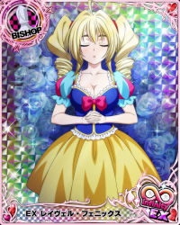 Rule 34 | 1girl, bishop (chess), blonde hair, breasts, card (medium), chess piece, cleavage, dress, closed eyes, female focus, high school dxd, large breasts, official art, ravel phenex, solo