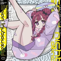 Rule 34 | 1girl, absurdres, arms up, bandaid, bandaid on leg, bow, braid, candy print, cd, character name, closed mouth, commentary, denonbu, double bun, english commentary, hair bow, hair bun, highres, holding cd, hood, hoodie, inubousaki shian, legs up, long hair, long sleeves, looking at viewer, lying, momochi tama, on back, pill print, purple eyes, purple hoodie, solo, twin braids