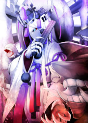 Rule 34 | 1girl, abyssal ship, abyssal sun princess, blue eyes, colored skin, folding fan, hair ornament, hand fan, headgear, holding, holding fan, horns, japanese clothes, kantai collection, long hair, long sleeves, ribbon, robe, rui shi (rayze ray), skeletal arm, white hair, white robe, white skin, wide sleeves