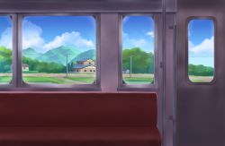 Rule 34 | absurdres, bad id, bad pixiv id, biako, blue sky, brick wall, cloud, commentary request, day, hedge, highres, house, interior, mountain, no humans, original, power lines, revision, rice paddy, road, rural, scenery, seat, sky, train interior, tree, utility pole, water, window