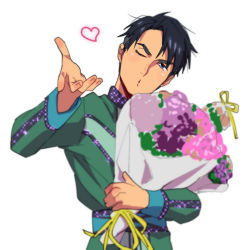 Rule 34 | 10s, 1boy, bad id, bad pixiv id, black hair, blue eyes, bouquet, con potata, flower, heart, jean-jacques leroy, male focus, one eye closed, simple background, sparkle, yuri!!! on ice