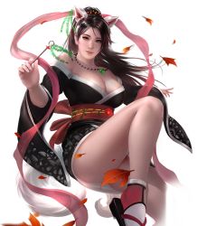 Rule 34 | 1girl, animal ears, bare shoulders, black hair, breasts, brown eyes, cleavage, dead or alive, japanese clothes, large breasts, long hair, looking at viewer, momiji (ninja gaiden), ninja gaiden, official art, parted lips, ponytail, smile, solo, tagme, tail