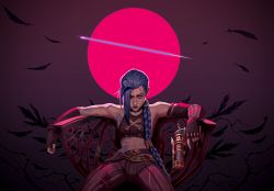 Rule 34 | 1girl, absurdres, arcane: league of legends, arcane jinx, asymmetrical bangs, bare shoulders, belt, blue hair, braid, breasts, brown belt, brown gloves, chair, cloud tattoo, feathers, fingerless gloves, gloves, gun, highres, holding, holding gun, holding weapon, jinx (league of legends), league of legends, long hair, looking at viewer, moon, navel, pants, pink pants, quimm art, red moon, sitting, solo, striped clothes, striped pants, tattoo, twin braids, twitter username, weapon