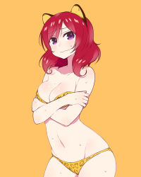 Rule 34 | 10s, 1girl, animal ears, animal print, bikini, blush, breasts, cat ears, chan co, cleavage, cowboy shot, crossed arms, embarrassed, leopard ears, leopard print, looking at viewer, love live!, love live! school idol festival, love live! school idol project, medium breasts, navel, nishikino maki, orange background, purple eyes, red hair, revision, short hair, solo, sweat, swimsuit, wavy mouth, yellow theme