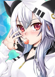 Rule 34 | 1girl, animal hood, azuma lim, azuma lim channel, blush, candy, choker, commentary request, food, hair between eyes, holding, holding candy, holding food, holding lollipop, hood, hood up, k.m.station, lollipop, long hair, long sleeves, looking at viewer, red eyes, silver hair, solo, virtual youtuber, zipper pull tab