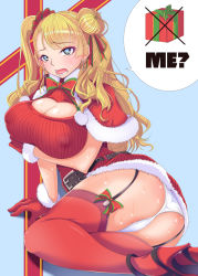 Rule 34 | 10s, 1girl, ass, asymmetrical hair, bad id, bad pixiv id, belt, blue eyes, blush, box, breast hold, breasts, capelet, christmas, cleavage, covered erect nipples, dress, earrings, female focus, galko, garter straps, gift, gift box, gloves, hair bun, high heels, highres, jewelry, kippuru, large breasts, long hair, meme attire, one side up, open-chest sweater, oshiete! galko-chan, panties, red gloves, red thighhighs, scrunchie, side bun, single side bun, sleeveless, sleeveless turtleneck, solo, speech bubble, stiletto heels, sweat, sweater, sweater dress, thighhighs, turtleneck, underwear, white panties