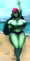 Rule 34 | 1girl, absurdres, beach, bikini, breasts, cleavage, colored skin, denim, denim shorts, food, fruit, gigantic breasts, gipehtyboo, green hair, green skin, hat, highres, huge breasts, open mouth, original, pointy ears, shorts, solo, string bikini, swimsuit, thick thighs, thighs, voxa (gipethyboo), watermelon