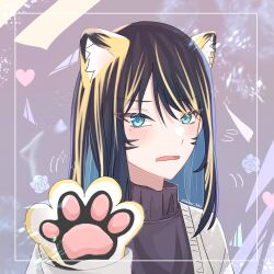 Rule 34 | 1girl, ado (utaite), animal ear fluff, animal ears, animal hands, black sweater, blonde hair, blue eyes, blue hair, blush, cardigan, chando (ado), chinese zodiac, cloud nine inc, colored inner hair, commentary, facial mark, gloves, hair between eyes, heart, highres, kemonomimi mode, long hair, long sleeves, looking at viewer, multicolored hair, open mouth, paw gloves, purple background, shadow, sidelocks, solo, sparkle, streaked hair, sweater, tiger ears, tsukuno tsuki, twitter username, upper body, utaite, whisker markings, white cardigan, year of the tiger