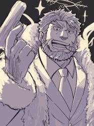 Rule 34 | 1boy, 1hao (@cerbero64), bara, beard, cigar, ded (housamo), facial hair, forked eyebrows, grin, gun, halo, highres, holding, holding gun, holding weapon, looking at viewer, male focus, mature male, monochrome, muscular, muscular male, necktie, official alternate costume, short hair, smile, smoking, snowflakes, solo, thick eyebrows, tokyo houkago summoners, upper body, weapon