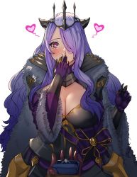 Rule 34 | 1girl, alternate costume, armor, armored dress, black dress, blush, breasts, brown gloves, camilla (fire emblem), cape, cleavage, commentary, commission, covered mouth, covering own mouth, crown, dress, english commentary, fire emblem, fire emblem fates, fire emblem heroes, fur-trimmed cape, fur trim, gauntlets, gloves, hair ornament, hair over one eye, hand on own face, hand over own mouth, heart, heart-shaped pupils, highres, holding, horn ornament, horns, jewelry, large breasts, long hair, long sleeves, looking at viewer, marriage proposal, nintendo, nyahpa20, official alternate costume, ornate ring, pov, purple eyes, purple hair, ring, simple background, symbol-shaped pupils, tiara, very long hair, wavy hair, wedding ring, white background, wide sleeves
