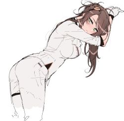 Rule 34 | 1girl, :|, ass, bent over, braid, breasts, brown hair, closed mouth, cowboy shot, doodle, french braid, from side, girls&#039; frontline, gloves, green eyes, gun, hair ornament, head down, head tilt, highres, jacket, large breasts, leaning, leaning forward, lee-enfield (girls&#039; frontline), long hair, looking at viewer, military, military uniform, ndgd, pants, personification, rifle, sketch, sleeves rolled up, solo, standing, uniform, weapon, white gloves, white jacket, white neckwear, white pants