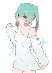 Rule 34 | 1girl, aqua hair, bad id, bad pixiv id, bare shoulders, black bra, bra, breasts, cleavage, collarbone, commentary request, giryu, hair between eyes, hatsune miku, heart, long hair, long sleeves, medium breasts, shoulder tattoo, simple background, solo, sweater, tattoo, twintails, underwear, vocaloid, white background, white sweater