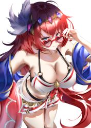 Rule 34 | 1girl, adjusting eyewear, adjusting glasses, alexiel (summer) (granblue fantasy), bikini, blue eyes, blue shawl, breasts, butt crack, cleavage, commentary request, feather hair ornament, feathers, godsworn alexiel, granblue fantasy, hair ornament, heart, heart-shaped eyewear, highres, large breasts, leaning forward, long hair, looking at viewer, looking over eyewear, looking over glasses, red-tinted eyewear, red-tinted glasses, red hair, sg (satoumogumogu), shawl, simple background, smile, solo, sunglasses, swimsuit, tinted eyewear, very long hair, white background, white bikini