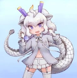 Rule 34 | 1girl, animal ears, blue background, bow, bowtie, dragon girl, dragon horns, dragon tail, extra ears, fingerless gloves, garter straps, gloves, grey hair, highres, horns, kemono friends, long hair, looking at viewer, navel, purple eyes, shirt, simple background, skirt, solo, tail, thighhighs, twintails, white dragon (kemono friends), zzz ansh
