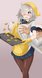 Rule 34 | 10s, 1boy, 1girl, admiral (kancolle), ahoge, apron, baking sheet, blue eyes, blue skirt, blush, breasts, brown pantyhose, cookie, food, gloves, grabbing, grabbing another&#039;s breast, groping, hair over one eye, hamakaze (kancolle), hat, head scarf, heart, hetero, highres, kantai collection, large breasts, long sleeves, military, military uniform, mittens, open mouth, pantyhose, peaked cap, pink background, pleated skirt, school uniform, serafuku, short hair, silver hair, simple background, sin (kami148), skirt, tenugui, tray, uniform, wavy mouth, white day, white hair, yellow apron, yellow gloves