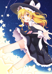Rule 34 | 1girl, :d, blonde hair, blush, bow, breasts, camisole, dress shirt, frills, hair bow, hat, hat bow, kirisame marisa, kneepits, looking at viewer, looking back, nekosugi (hoshi), open hand, open mouth, outstretched hand, reaching, reaching towards viewer, round teeth, sash, shirt, skirt, sky, small breasts, smile, solo, star (sky), star (symbol), starry sky, teeth, touhou, witch hat, yellow eyes