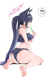 Rule 34 | 1girl, absurdres, animal ears, doodle sensei (blue archive), ass, barefoot, bikini, black bikini, black hair, blue archive, cat ears, feet, food, frilled bikini, frills, half-closed eyes, highres, open mouth, plentyofempty, popsicle, red eyes, sensei (blue archive), serika (blue archive), serika (swimsuit) (blue archive), simple background, soles, solo, sunglasses, swimsuit, toes, twintails, white background
