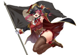 Rule 34 | 1girl, :d, armpits, ass, bad id, bad pixiv id, black thighhighs, boots, breasts, brown thighhighs, coat, eyepatch, flag, gloves, hat, hololive, houshou marine, long hair, mizuryu kei, navel, open mouth, pirate hat, purple hair, red eyes, simple background, smile, solo, teeth, thighhighs, tongue, twintails, two-sided coat, two-sided fabric, virtual youtuber, white background, white gloves