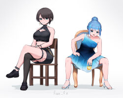 Rule 34 | 2girls, alternate costume, arm on knee, asymmetrical legwear, bandaid, bandaid on face, belt, black hair, blue dress, blue hair, bracelet, braid, braided bun, breasts, buckle, chain, chair, cleavage, cleavage cutout, clothing cutout, crossed legs, cup, dress, ear piercing, earrings, fian f.n, food, fruit, gold chain, gradient dress, green eyes, hair bun, half updo, halterneck, hand on own leg, holding, holding cup, hololive, hololive indonesia, jewelry, kobo kanaeru, large breasts, lemon, lemon slice, looking at viewer, medium breasts, multicolored hair, multiple girls, necklace, oozora subaru, own hands together, piercing, shorts, single-shoulder dress, sitting, sleeveless, spiked anklet, strappy heels, virtual youtuber, white background, white hair