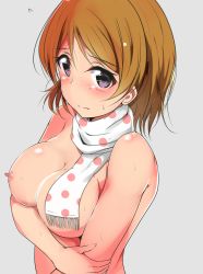 Rule 34 | 1girl, absurdres, ankoiri, blush, breast hold, breasts, brown hair, artistic error, flying sweatdrops, grey background, hand on own arm, highres, koizumi hanayo, large breasts, looking at viewer, love live!, love live! school idol project, naked scarf, nipples, nude, polka dot, polka dot scarf, purple eyes, scarf, short hair, simple background, solo, sweat, sweatdrop, upper body