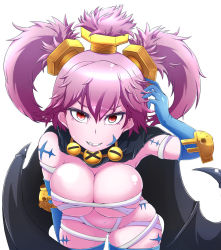 Rule 34 | 1girl, bandages, bent over, blue gloves, blue thighhighs, bolt, breasts, cape, colored skin, elbow gloves, gloves, hair ornament, heka=ton, jewelry, large breasts, lord of vermilion, lord of vermilion iii, naked bandage, navel, necklace, persephone (lord of vermilion), pink hair, pink skin, red eyes, sharp teeth, skindentation, smile, solo, tattoo, teeth, thighhighs, twintails, white background
