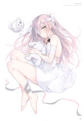 Rule 34 | 1girl, absurdres, bandaged arm, bandages, bandaid, bare shoulders, barefoot, closed mouth, dress, green eyes, highres, looking at viewer, lying, ribbon, rurudo, solo, stuffed animal, stuffed toy, teddy bear, white background, white dress