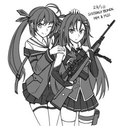 Rule 34 | 2girls, :t, ;), antenna hair, bare shoulders, battle rifle, bridal gauntlets, closed mouth, collared shirt, dated, girls&#039; frontline, greyscale, gun, hair between eyes, hair ornament, hair ribbon, hand on another&#039;s head, hand on another&#039;s shoulder, highres, holding, holding gun, holding weapon, jacket, lightning bolt, lightning bolt hair ornament, lightning bolt symbol, long hair, long sleeves, m14, m14 (girls&#039; frontline), m21, m21 (girls&#039; frontline), match grade firearm, match grade rifle, monochrome, multiple girls, name connection, ndtwofives, object namesake, one eye closed, pleated skirt, pout, ribbon, rifle, shirt, simple background, skirt, sleeveless, sleeveless shirt, smile, sniper rifle, thighhighs, twintails, very long hair, weapon, white background