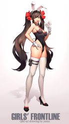 Rule 34 | 1girl, :p, animal ears, artist name, bare shoulders, blush, bow, breasts, brown eyes, brown hair, card, character name, cleavage, contrapposto, covered navel, detached collar, fake animal ears, from side, full body, girls&#039; frontline, gloves, gradient background, hair bow, hand on own hip, high heels, highleg, highleg leotard, leotard, long hair, looking at viewer, necktie, playboy bunny, playing card, rabbit ears, rabbit tail, sideboob, sigma 2018, simple background, small breasts, solo, standing, tail, thigh strap, thighhighs, tongue, tongue out, twintails, type 97 (girls&#039; frontline), very long hair, white gloves, white thighhighs